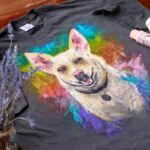 , black purple and yellow dog print crew neck shirt